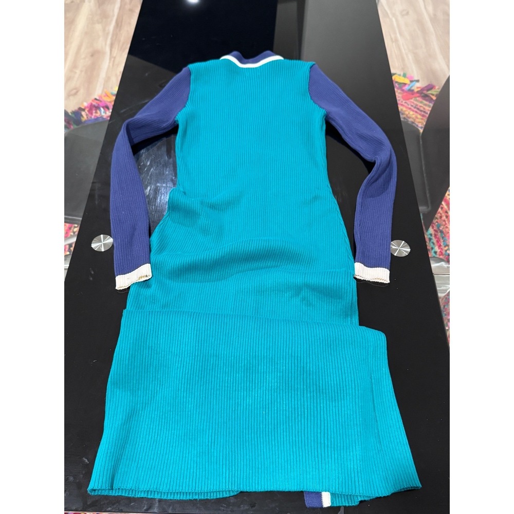 Dee Elly Teal Blue Purple Ribbed Knit Maxi Dress V Neck Cardigan M o2 - Picture 4 of 8